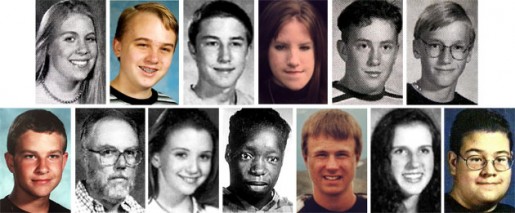 The ictims killed in the shooting. Top fromleft: Cassie Bernall, Steven Curnow, Corey DePooter, Kelly Fleming, Matthew Kechter, Daniel Mauser. Bottom from left: Daniel Rohrbough, William Sanders, Rachel Scott, Isaiah Shoels, John Tomlin, Lauren Townsend, Kyle Velasquez.