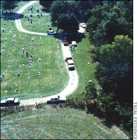 Aerial close-up of cemetery.