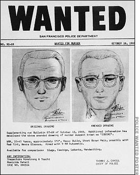 A wanted poster with sketch of the suspected Zodiac Killer