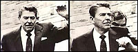 President Reagan during the shooting, pushed by Agent Jerry Parr (AP)