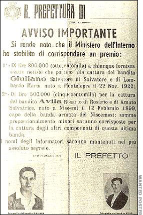 A wanted poster of Giuliano (left) and another member
