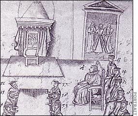 A narrative drawing of Mary's trial