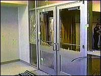 Destroyed windows at Columbine (AP)